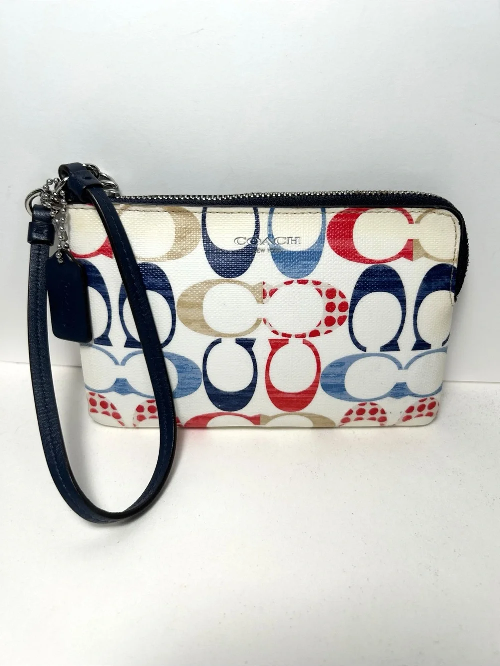 Coach Bleecker Signature C Print Wristlet in Red, Navy, Beige with Hang Tag, EUC